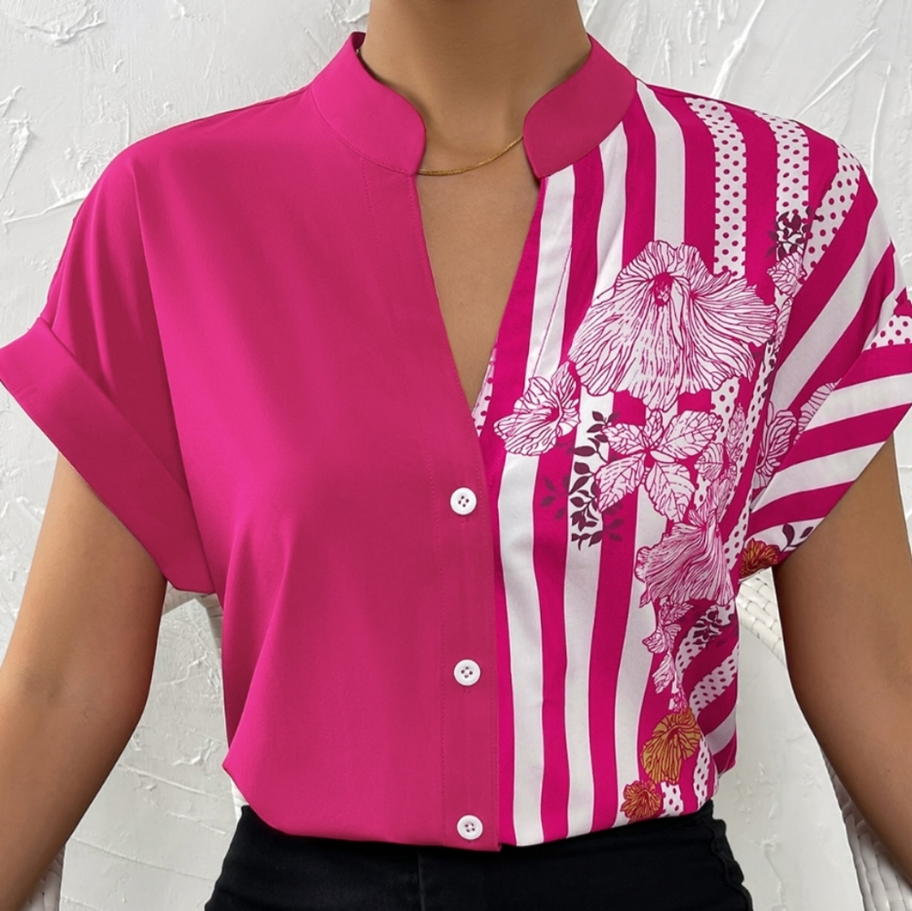 Pink half and half stripe blouse
